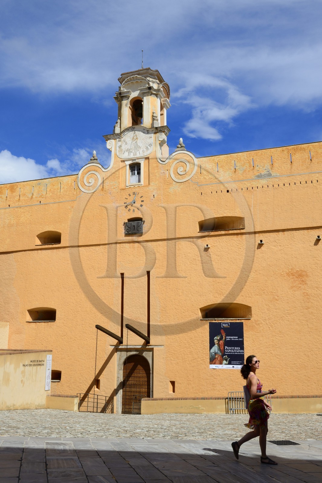 France, Haute Corse, Bastia, the Citadel district of Terra Nova, the palace of the Genoese governors that hosts the Musee d'Histoire de Bastia (Museum of Bastia History), main entrance by the old drawbridge on the Dungeon place