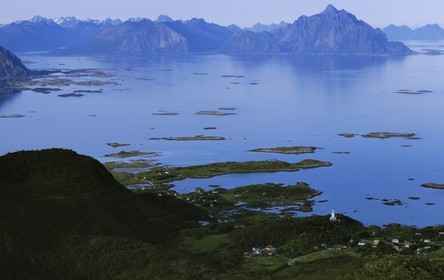 Norway, Nordland County, Lofoten Islands, Vestvagoy island, port of Stamsund (aerial view)