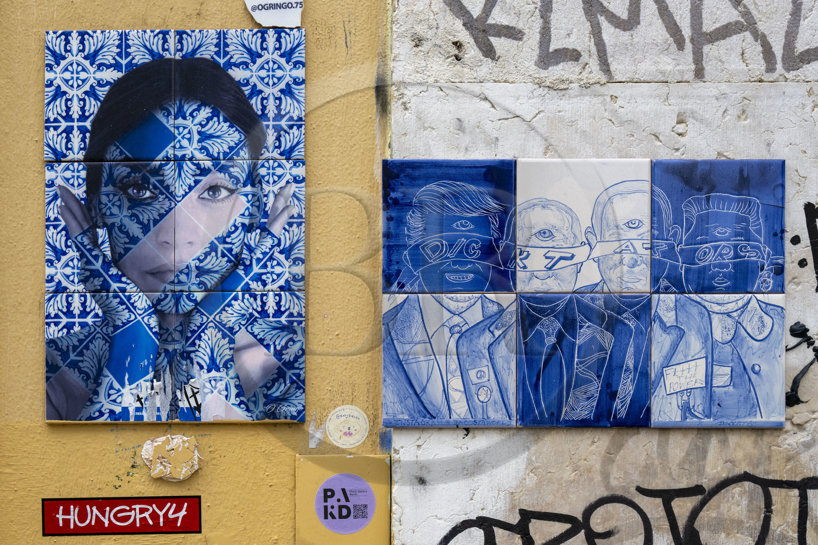 Portugal, Lisbonne, quartier du Bairro Alto, street art sur céramique par les artistes Ogringo.75 et Dacosta