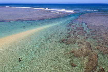 France, île de la Réunion, la Cote Ouest, plage du lagon de Saint-Gilles-Les-Bains à l'Ermitage-les-Bains, pecheurs dans le lagon et filets anti requins en travers de la Passe de l'Ermitage en arrière plan(vue aérienne)