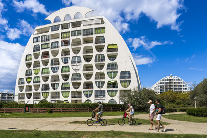 France, Herault, La Grande-Motte, labeled 20th century heritage, Couchant (setting sun) district west of the port, Le Poseidon building by architects Gilles and Jean Balladur, belonging to the so called bishops bonnet female architectural style