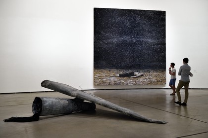 Spain, Basque Country, Biscay Province, Bilbao, the Guggenheim Museum designed by Frank Gehry, Berenice (1989) left on the ground and The Renowned Orders of the Night (1997) on the right, works by Anselm Kiefer