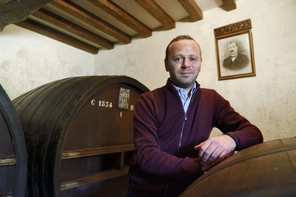 France, Calvados, Pays d'Auge, Saint Cyr du Ronceray, Jean-Roger Groult (under the portrait of his great-grandfather) producer of the Calvados Roger Groult AOC Pays d'Auge for five generations, barrels in aging cellars