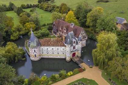 France, Calvados, Pays d'Auge, 15th and 16th century Saint Germain de Livet Castle labeled Museum of France (aerial view)
