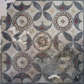 France, Bouches du Rhone, Arles, musée départemental Arles antique, the mosaic of Medusa (end of 2nd century) which is a floor of a rich Roman town house on the site of the former verrerie de Trinquetaille on the right bank of the Rhone