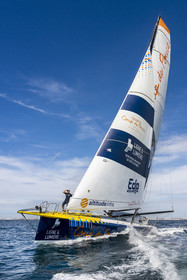 France, Vendee, Les Sables d'Olonne, skipper Manuel Cousin training on his 60-foot monohull sailboat IMOCA Coup de Pouce
