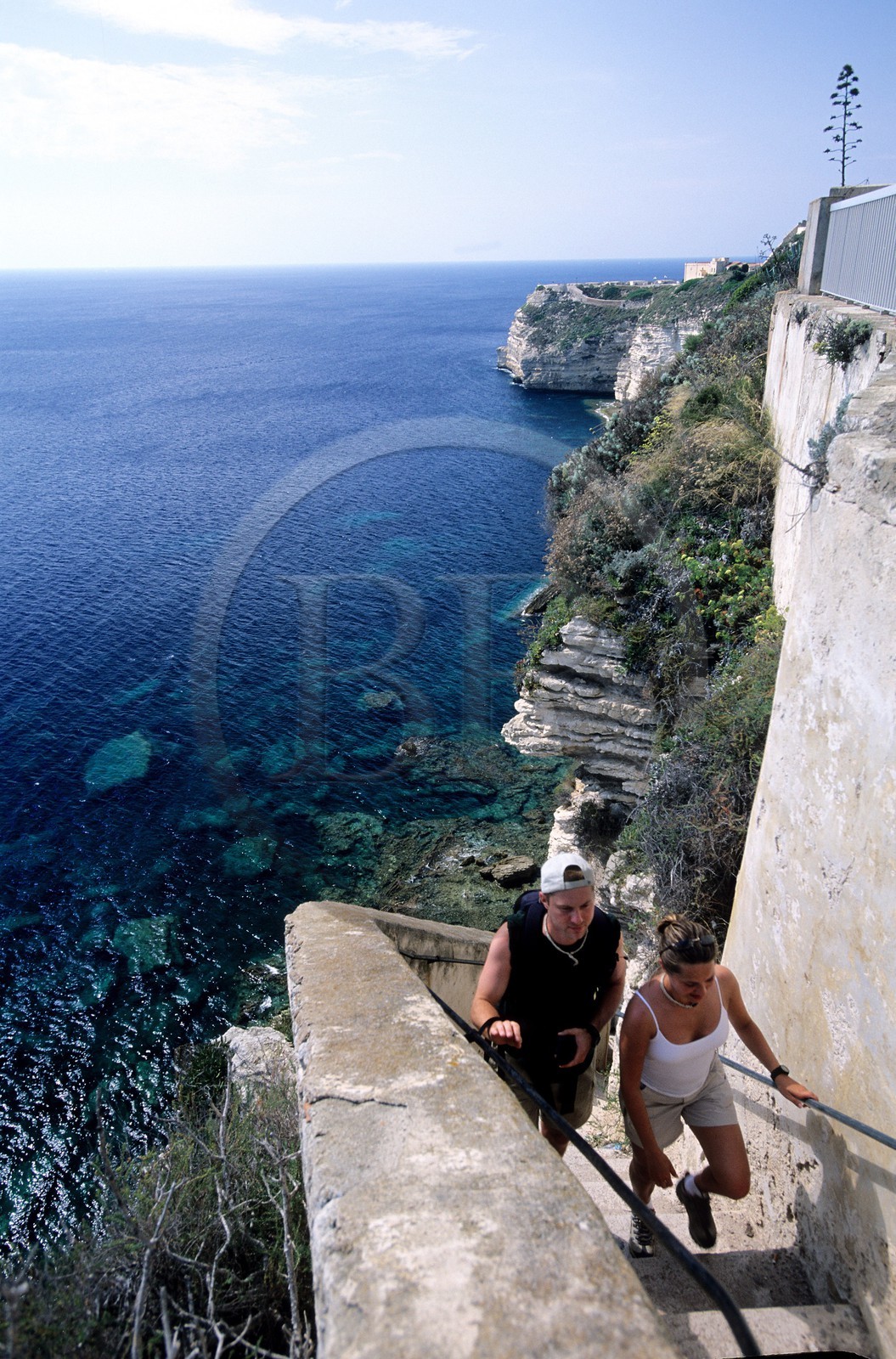 France, Corse-du-Sud (2A), Bonifacio, touristes remontant l' escalier du roi d' Aragon qui relie le ville haute à le mer