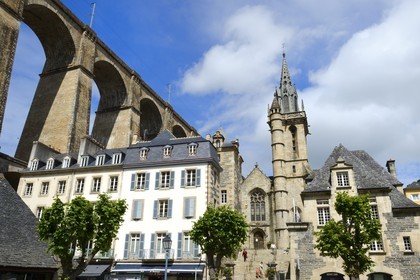 France, Finistere, Morlaix, place des Otages, the viaduct and the Saint-Melaine church