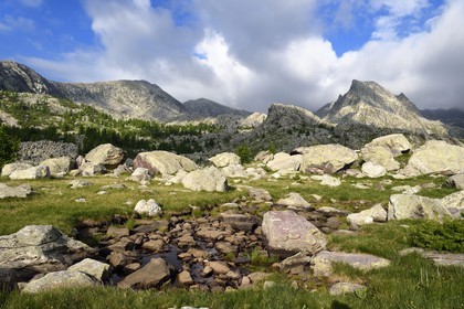 France, Alpes-Maritimes (06), parc national du Mercantour, Vallée des Merveilles parsemée de milliers de gravures rupestres de l'Age de bronze, les montagnes cime du Diable (2685m) à gauche et Cime des Lacs (2510m) à droite en arrière plan