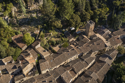 France, Herault, the Causses and the Cevennes, Mediterranean agro pastoral cultural landscape, listed as World Heritage by UNESCO, Saint Guilhem le Desert, labelled Les Plus Beaux Villages de France (The Most Beautiful Villages of France) (aerial view)