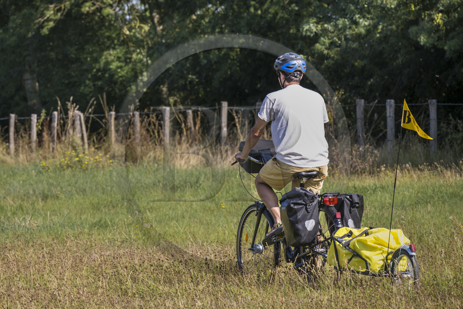 France, Maine-et-Loire (49), vallée de la Loire classée au Patrimoine Mondial par l'UNESCO, Saumur vers Saint-Hilaire, randonnée à bicyclette sur les berges de la Loire, vélo avec une remorque transportant le matériel de camping France, Maine-et-Loire (49), vallée de la Loire classée au Patrimoine Mondial par l'UNESCO, Saumur vers Saint-Hilaire, randonnée à bicyclette sur les berges de la Loire, vélo avec une remorque transportant le matériel de camping
