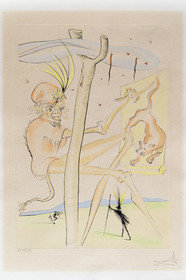 France, Aisne, Château-Thierry, Jean de La Fontaine Museum - city of Chateau-Thierry, illustrations from La Fontaine's Fables, The Monkey and the Leopard fable III from book IX, prints by Salvador Dali, 1976, drypoint on wove paper, stenciled color highlights