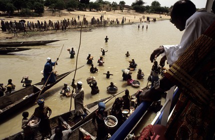 Mali, Niger River, pirogues selling goods to the travellers on the regular boat