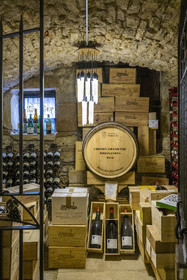 France, Cote d'Or, Climats terroirs of Burgundy, listed as World Heritage by UNESCO, Beaune, Hotel Le Cep in the 15th and 16th century Brunet de Monthelie mansion, wine cellar, barrel of Corton Grand Cru Bressandes 2016 la Pièce des Présidents purchased at the Hospices de Beaune auction
