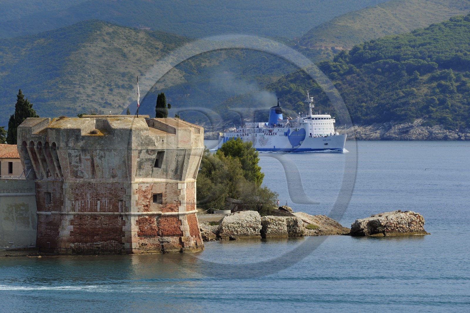 Italie, Toscane, l’Ile d’Elbe, Portoferraio, la Tour Torre del Martello à l'entrée du vieux Port