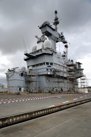 France, Var, Toulon, the naval base (Arsenal), the Charles de Gaulle nuclear-powered aircraft carrier on mid-life renovation, the flight deck and the the central island