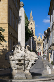 France, Bouches du Rhone, Aix en Provence, Mazarin district, fountain on the Place des Quatre Dauphins and the Saint Jean de Malte church (13th century) in the background