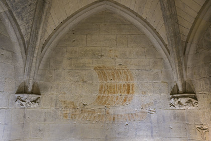 France, Bouches du Rhone, Tarascon, King René's castle dating from the 15th century, graffiti and ex-votos of the Catalan prisoner, engraved by a prisoner of René I around 1480, including long ships, merchant galleys, brigantines, galliots, fighting galleys or fusts but also round ships, Catalan cocas, Iberian ships and Provençal carracks, which recall the caravels used by Christopher Columbus, here a fighting galley