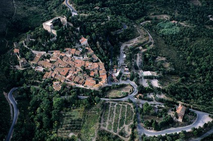 France, Pyrenees Orientales, Aspres region, medieval Castelnou village, labelled Les Plus Beaux Villages de France (The Most Beautiful Villages of France) (aerial view)