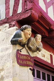 France, Morbihan, Vannes, sculpted wooden busts of Vannes and his wife on Valencia square