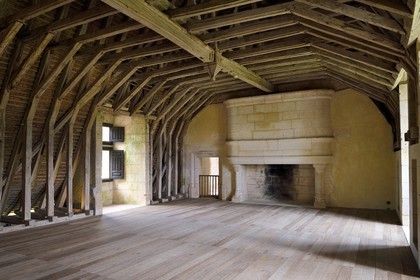 France, Dordogne, Périgord Vert, Villars, Puyguilhem castle, the oak beams in overturned hull boat shaped