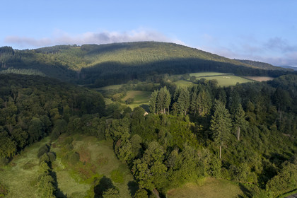 France, Saone et Loire, regional natural park of Morvan, Saint Leger sous Beuvray, Mount Beuvray on which the Bibracte oppidum is located, a Gaulish oppidum capital of the Aedui and one of the most important hillforts in Gaul (aerial view)