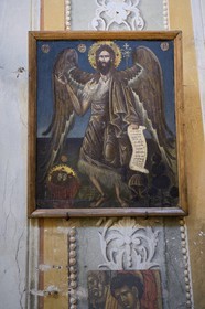 France, Corse-du-Sud (2A), Cargèse, église Saint Spyridon grecque catholique de rite oriental, tableau de Saint Jean-Baptiste apporté de Oitylo dans le Péloponnèse grec à Cargèse par les immigrants fuyant les Ottomans en 1675