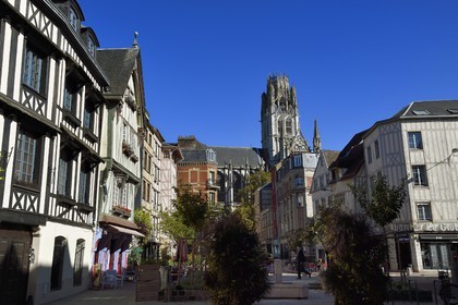 France, Seine-Maritime (76), Rouen, maisons à pans de bois place du Lieutenant Aubert et l'abbatiale Saint-Ouen en arrière plan