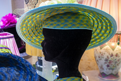 France, Cote d'Or, Dijon, woman's hat in the workshop-boutique on rue d'Assas Bibi & Bob of milliner Sara Tintinger, Meilleur Ouvrier de France