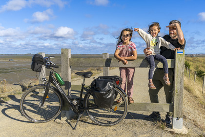 France, Vendée (85), île de Noirmoutier, Barbatre, cyclistes sur la digue de la côte Est à marrée basse