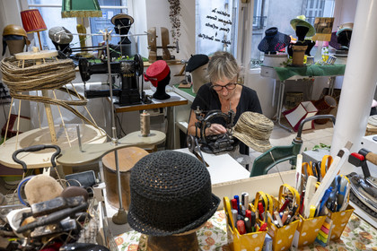 France, Cote d'Or, Dijon, milliner Sara Tintinger making a hat in her workshop-boutique Bibi & Bob on rue d'Assas
