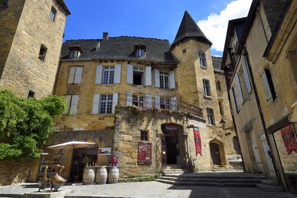 France, Dordogne (24), Périgord Noir, vallée de la Dordogne, Sarlat-la-Canéda, Place du marché aux oies, les oies statue par Lalanne, en arrière-plan le Manoir de Gisson