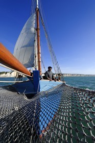 France, Seine Maritime, Pays de Caux, Cote d'Albatre, at sea aboard the old sailing ship Tante Fine off the Cliffs of Fecamp