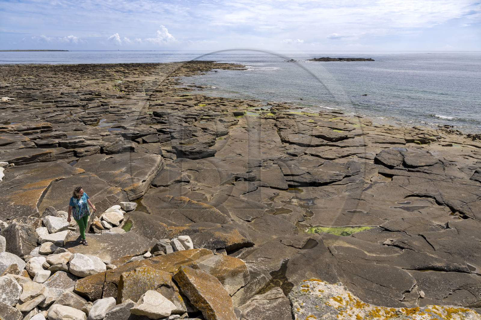 France, Finistère (29), Mer d'Iroise, Ile de Molène, Christine Demeure qui gère la seule épicerie de l'ile lors de sa promenade quotidienne sur la côte sauvage à l'Ouest, grève des Pierres Plates qui a servi de carrière