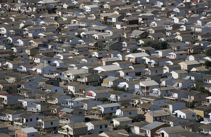 France, Aude, village of Gruissan Plage consists of houses built on piles (aerial view)