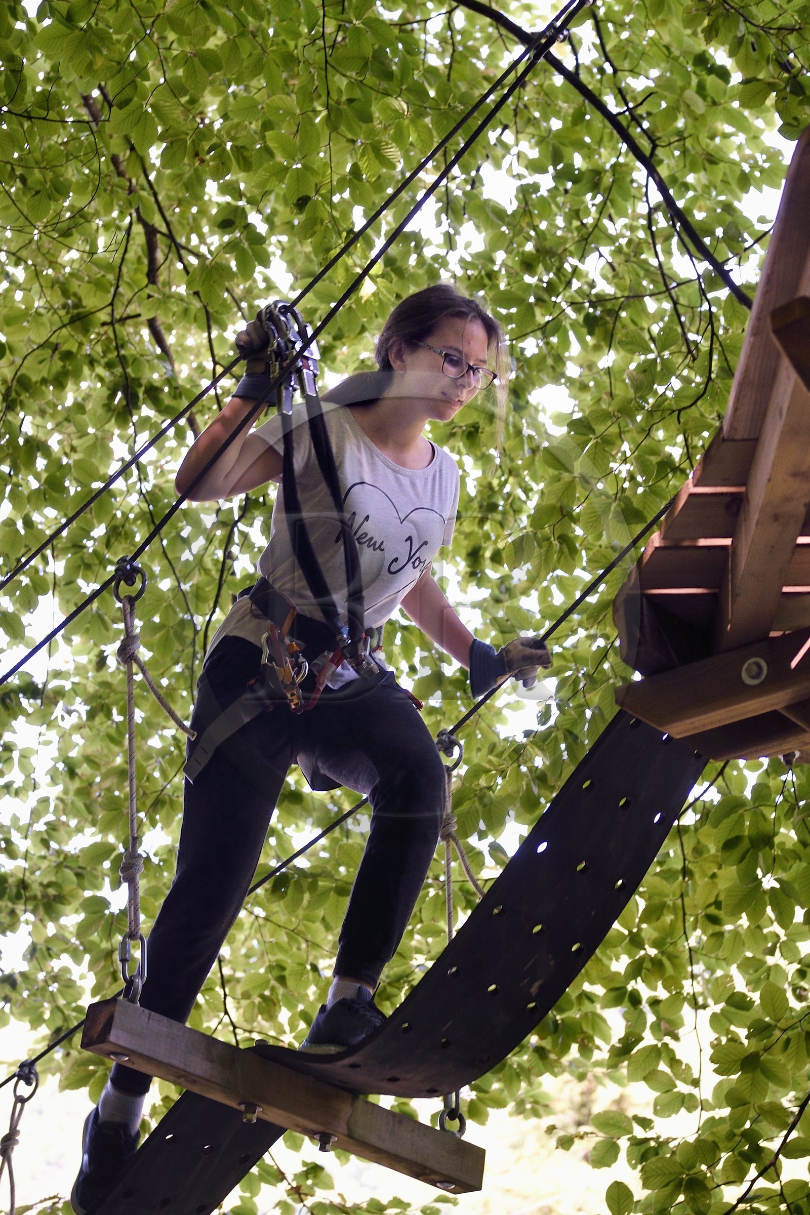 Suisse, Canton de Vaud, Aigle, parcours acrobatique en hauteur (accrobranche) au Parc Aventure
