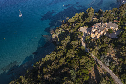 France, Var, Le Rayol Canadel sur Mer, Domaine du Rayol, Conservatoire du Littoral Estate compulsory mention, Jardin des Mediterranees designed by landscaper Gilles Clément, the mansion l'Hôtel de la Mer (aerial view)