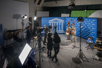 France, Paris, UNESCO Headquarters, interview of Papuan Chief Mundiya Kepanga and Amazonian leader of the Ashaninka people in Brazil  Benki Piyako