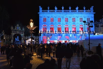 France, Meurthe-et-Moselle, Nancy, place Stanislas (former Place Royale) during the feast of Saint-Nicolas, listed as World Heritage by UNESCO, the Fanfare des Enfants du Boucher (Butcher's Children's Marching Band) plays from the Opera National de Lorraine