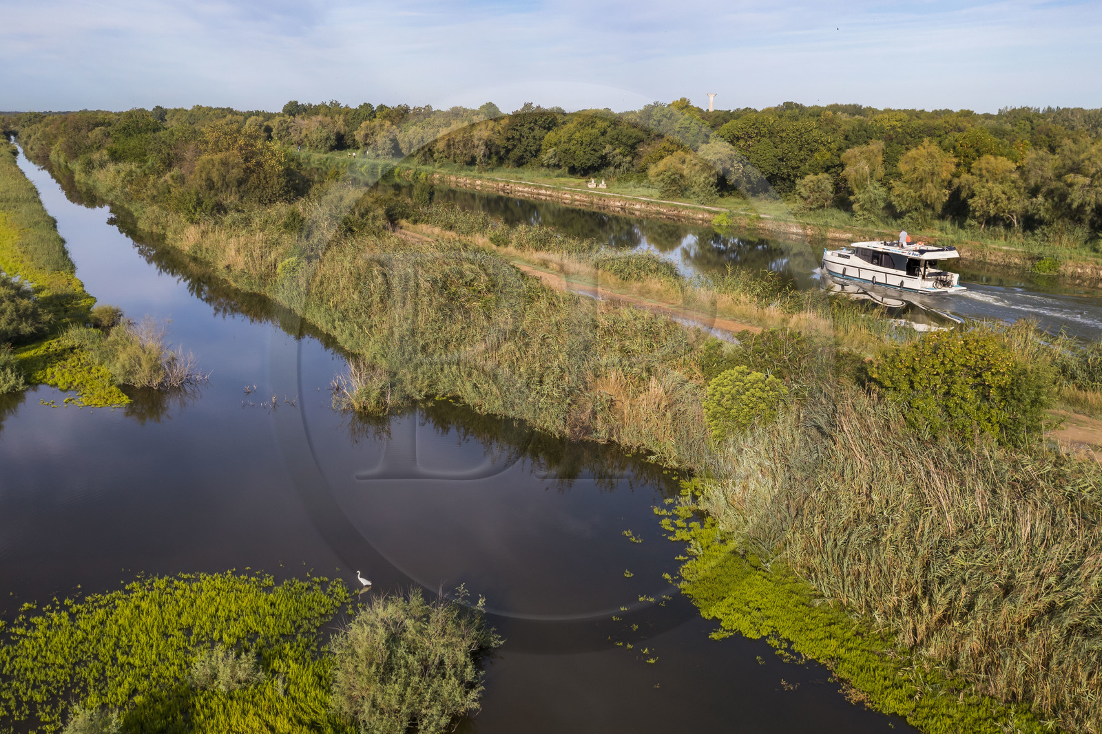 France, Gard (30), la Petite Camargue, navigation d'un bateau de plaisance Le Boat sur le canal du Rhône à Sète entre Gallician et Aigues-Mortes (vue aérienne) France, Gard, the Petite Camargue, navigation of a pleasure boat Le Boat on the Rhone to Sète Canal between Gallician and Aigues-Mortes (aerial view)