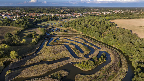 France, Vendée (85), Talmont Saint Hilaire, la Pointe du Payré, marshes developed for fish farming of sea bream, mullet and eels