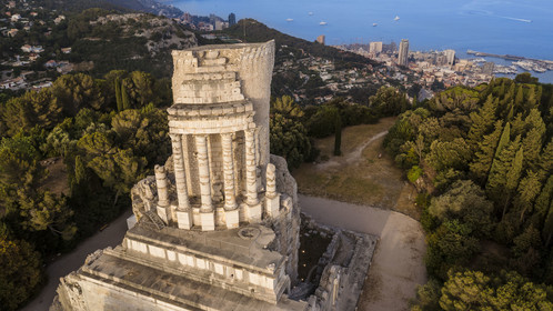 France, Alpes-Maritimes, La Turbie, Trophée d'Auguste or Trophée des Alpes, Roman monument built in the year 6 BC., the Principality of Monaco in the background (aerial view)