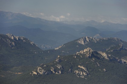 France, Aude, Peyrepertuse, the ruins of Cathar castle built in XIIth century (aerial view)