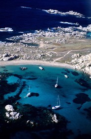 France, Corse du Sud, boats anchored in Lavezzi Islands archipelago (aerial view)