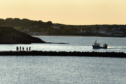 France, Pyrenees Atlantiques, Basque Country, Ciboure, return of a fishing boat in the bay of Saint-Jean-de-Luz and the beach in the background