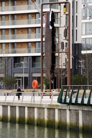 United Kingdom, Northern Ireland, Belfast, Titanic Quarter on Queen's Island, the public sculpture called Kit depicts recognisable Titanic elements on an outer frame, by Essex-based artist Tony Stallard
