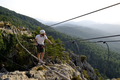 France, Corse du Sud, Alta Rocca, massif of Bavella, Via ferrata of the adventure park Corsica Madness