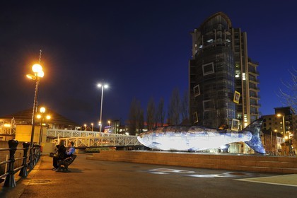 United Kingdom, Northern Ireland, Belfast, the waterfront on the Lagan riverside, The Big Fish by John Kindness on Donegall Quay and the building The Boat