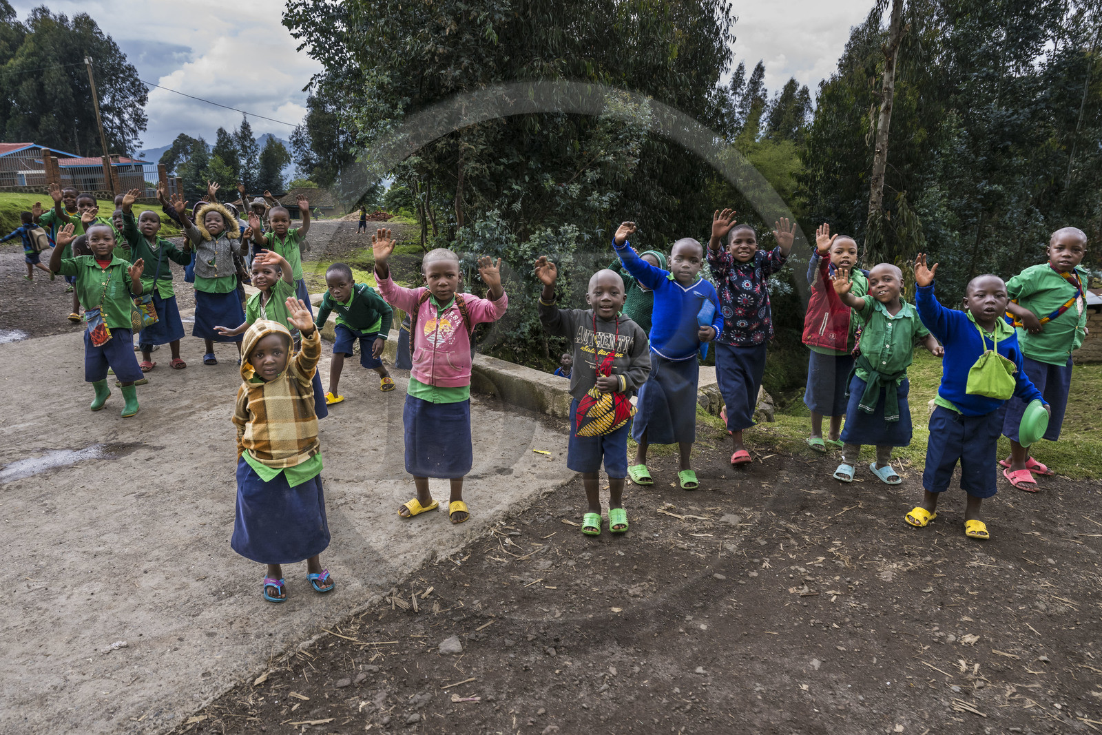 Rwanda, Province du Nord, District de Musanze (Ruhengeri), Busogo, enfants de l'ecole primaire Ubuyanja Nyabirehe sur les pentes du mont Karisimbi dans les montagnes des Virunga à la sortie du Parc national des Volcans où vivent les gorilles, 10% des revenus du tourisme des gorilles sont reversés aux communautés locales