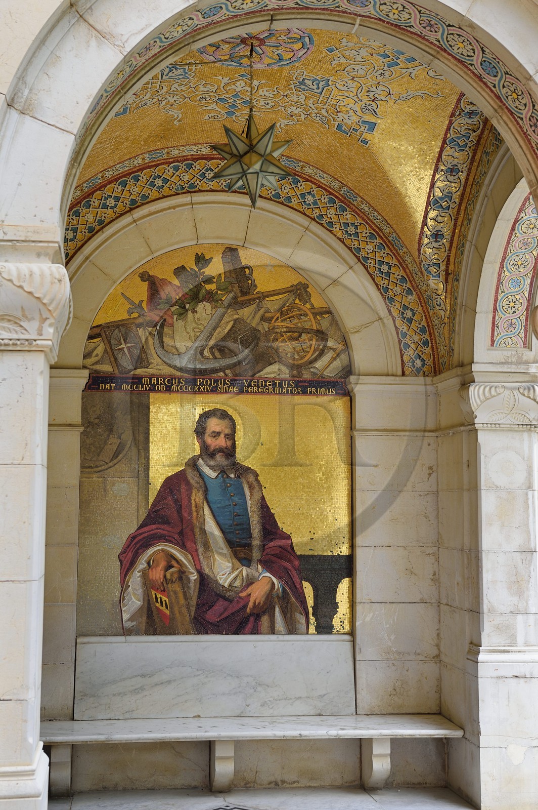 Italie, Vintimille, Cap Mortola près de Menton en France, le jardin botanique Hanbury (Giardini botanici Hanbury), mosaique représentant Marco Polo